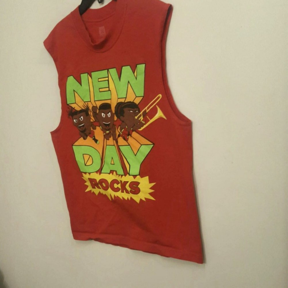WWE Authentic 2018 New Day - Rocks - Red Sleveless Shirt M. Condition is "Used".